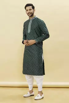 Green embroidered art silk dhoti-kurta