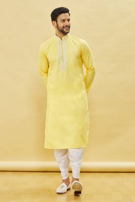 Yellow embroidered cotton dhoti-kurta 1