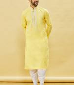 Yellow embroidered cotton dhoti-kurta