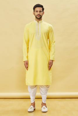 Yellow embroidered cotton dhoti-kurta 2