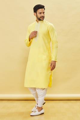 Yellow embroidered cotton dhoti-kurta 4