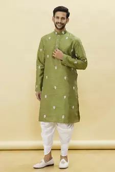 Green embroidered art silk dhoti-kurta