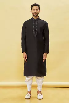 Black embroidered art silk dhoti-kurta