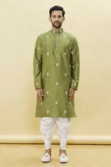 Green embroidered art silk dhoti-kurta