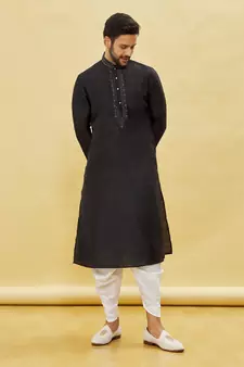 Black embroidered art silk dhoti-kurta