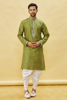 Green embroidered art silk dhoti-kurta 1