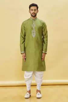 Green embroidered art silk dhoti-kurta