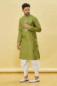 Green embroidered art silk dhoti-kurta