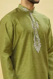 Green embroidered art silk dhoti-kurta