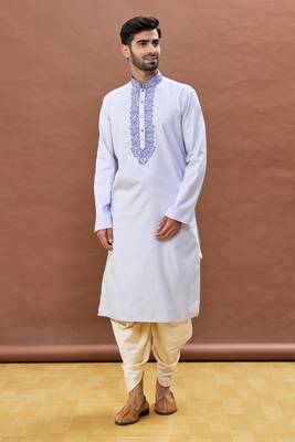 Blue embroidered cotton dhoti-kurta 1
