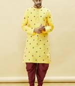 Yellow embroidered art silk dhoti-kurta