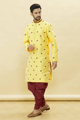 Yellow embroidered art silk dhoti-kurta 3