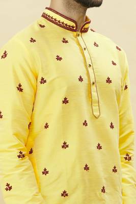 Yellow embroidered art silk dhoti-kurta 4