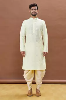 Fawn printed art silk dhoti-kurta