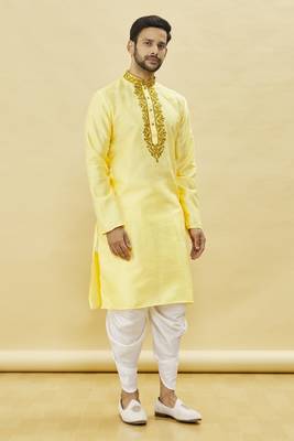 Yellow embroidered art silk dhoti-kurta 1