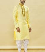 Yellow embroidered art silk dhoti-kurta