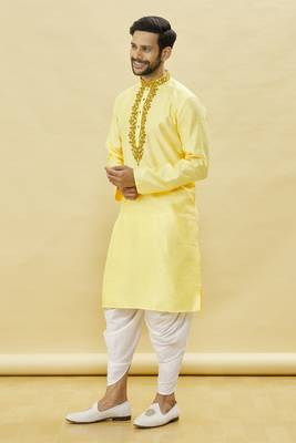 Yellow embroidered art silk dhoti-kurta 3