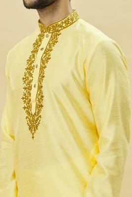 Yellow embroidered art silk dhoti-kurta 4