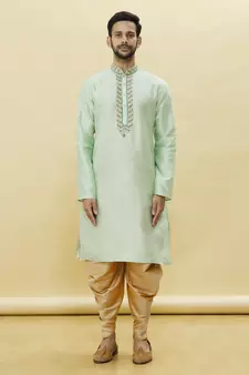 Green embroidered art silk dhoti-kurta