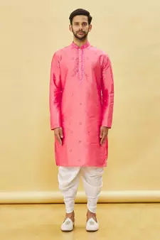 Pink embroidered art silk dhoti-kurta