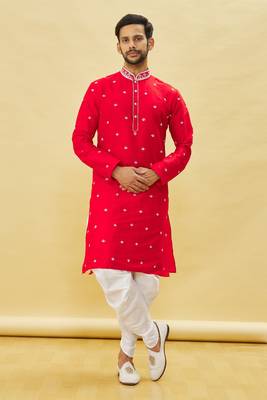 Red embroidered art silk dhoti-kurta 1