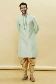 Green embroidered art silk dhoti-kurta