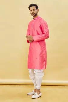 Pink embroidered art silk dhoti-kurta