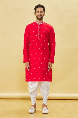 Red embroidered art silk dhoti-kurta 2