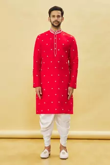 Red embroidered art silk dhoti-kurta