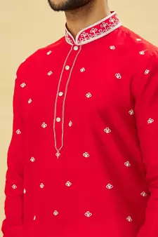 Red embroidered art silk dhoti-kurta