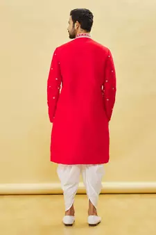 Red embroidered art silk dhoti-kurta