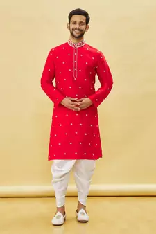 Red embroidered art silk dhoti-kurta
