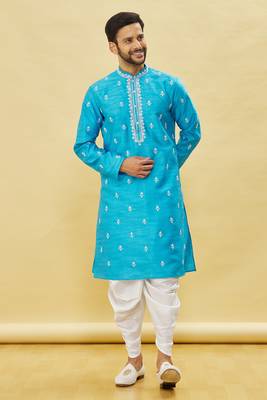 Blue embroidered art silk dhoti-kurta 1