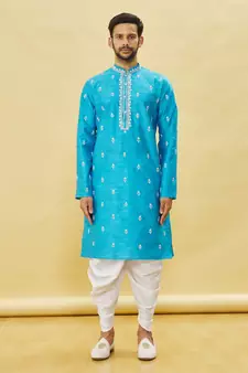 Blue embroidered art silk dhoti-kurta