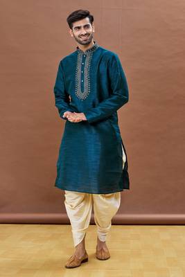 Green embroidered art silk dhoti-kurta 1