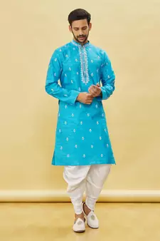 Blue embroidered art silk dhoti-kurta