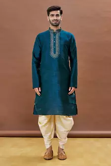 Green embroidered art silk dhoti-kurta