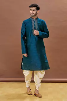 Green embroidered art silk dhoti-kurta