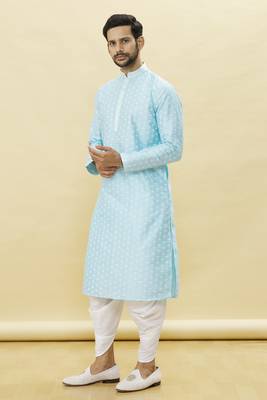 Blue printed art silk dhoti-kurta 1