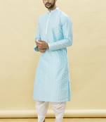 Blue printed art silk dhoti-kurta