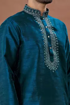 Green embroidered art silk dhoti-kurta