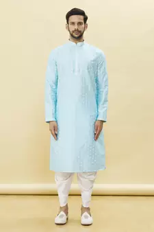 Blue printed art silk dhoti-kurta