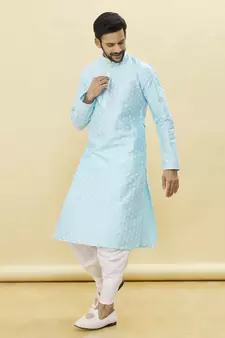 Blue printed art silk dhoti-kurta