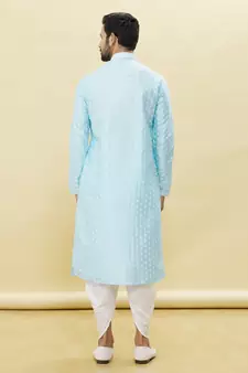 Blue printed art silk dhoti-kurta