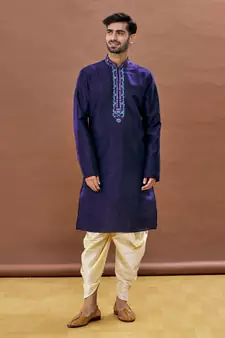 Blue embroidered art silk dhoti-kurta