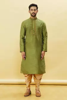Green embroidered art silk dhoti-kurta