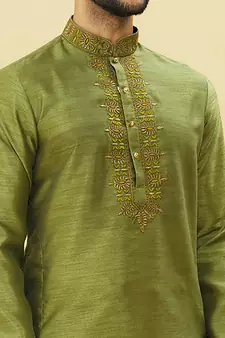 Green embroidered art silk dhoti-kurta