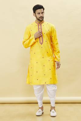 Yellow embroidered art silk dhoti-kurta 1