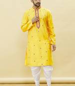 Yellow embroidered art silk dhoti-kurta