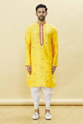 Yellow embroidered art silk dhoti-kurta 2